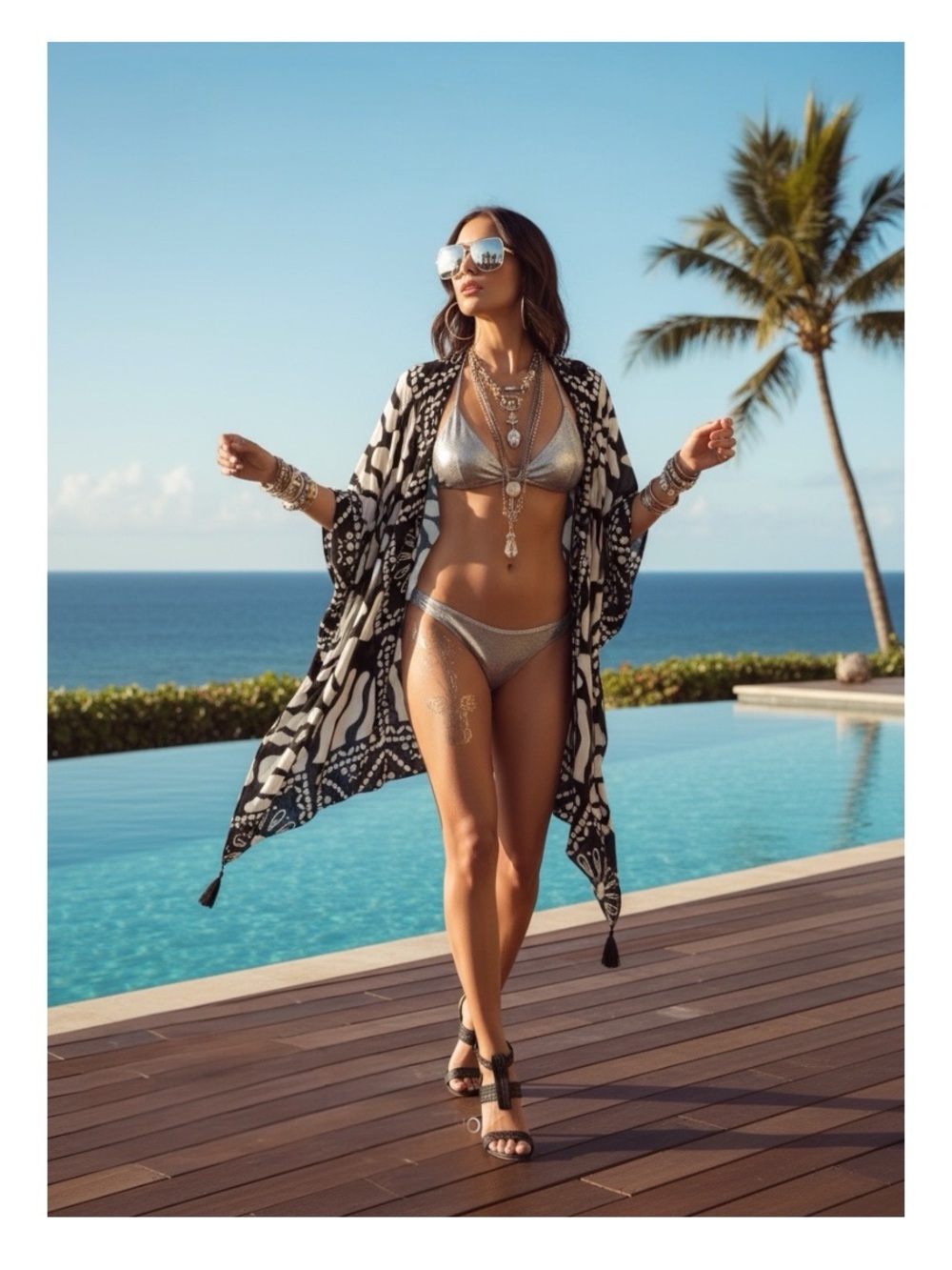 new Vince Camuto 𒀭Tassel Trimmed Ruana Kimono Beach Cover 𒀭Black Print 𒀭One Size